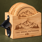 Natural bamboo six-coaster set with engraved holder and steel bottle opener on olive green background