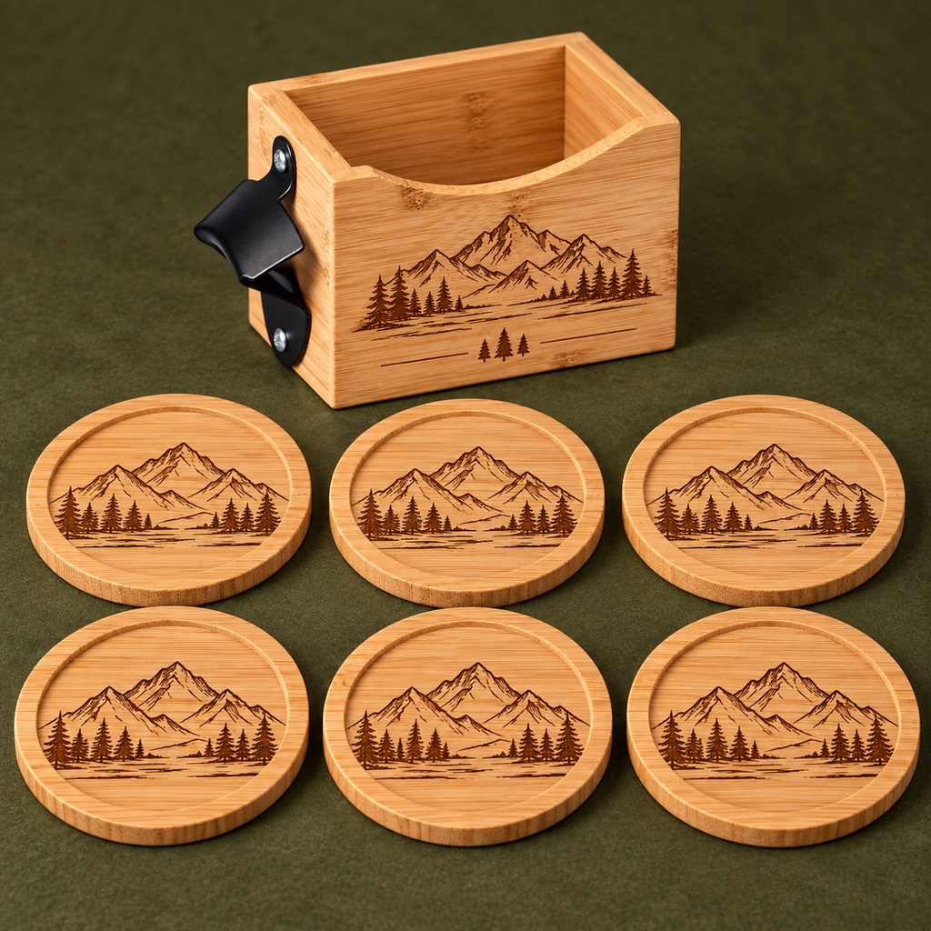 Six engraved natural bamboo coasters laid out beside matching holder