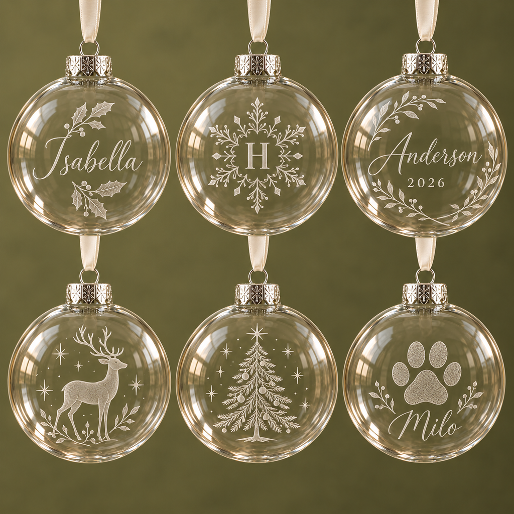 Six personalised glass Christmas baubles with six different engraving designs
