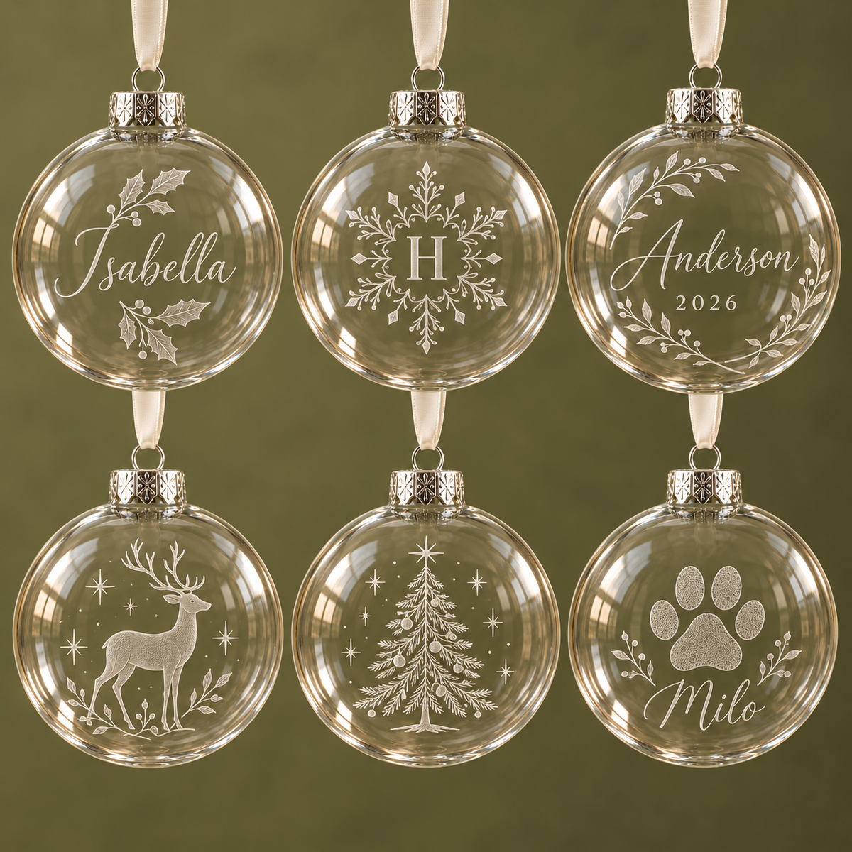 Six personalised glass Christmas baubles with six different engraving designs