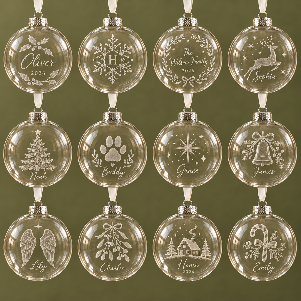 Twelve personalised glass Christmas baubles with twelve different engraving designs