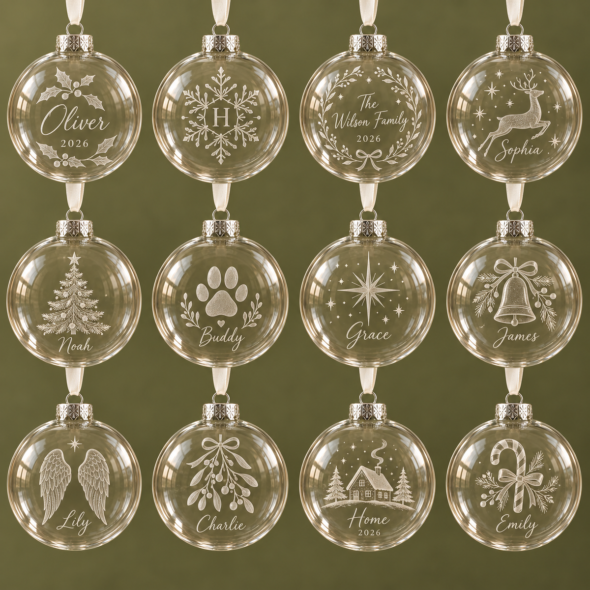 Twelve personalised glass Christmas baubles with twelve different engraving designs