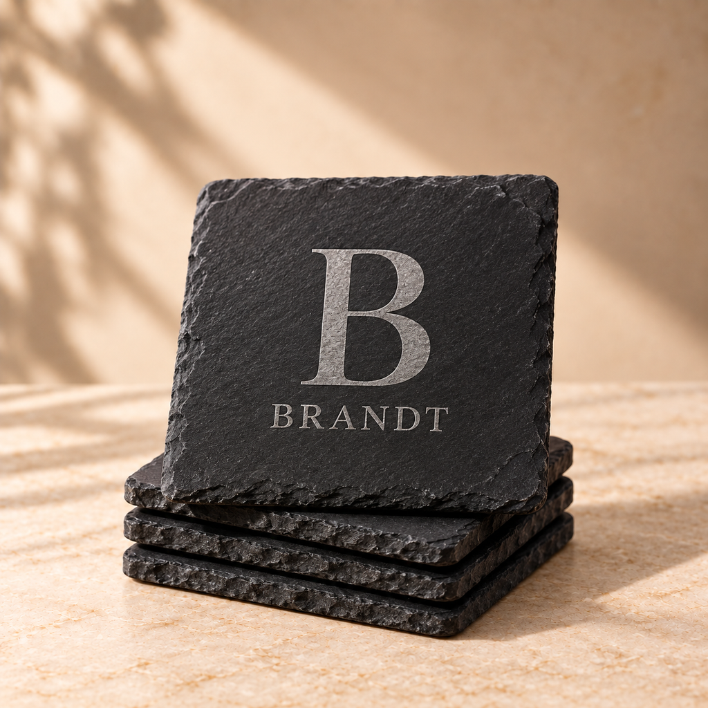 Personalized engraved slate coaster set – view 1