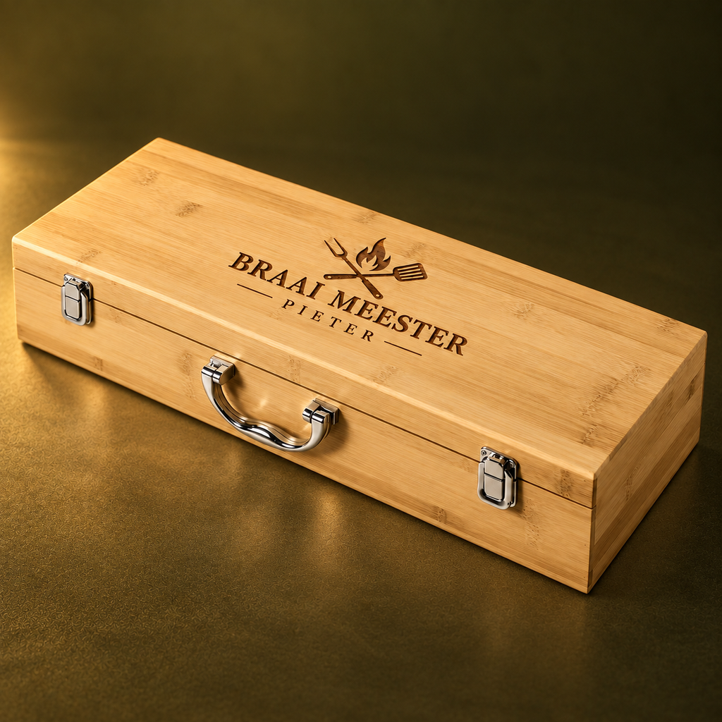 Personalised bamboo braai gift box with engraved lid