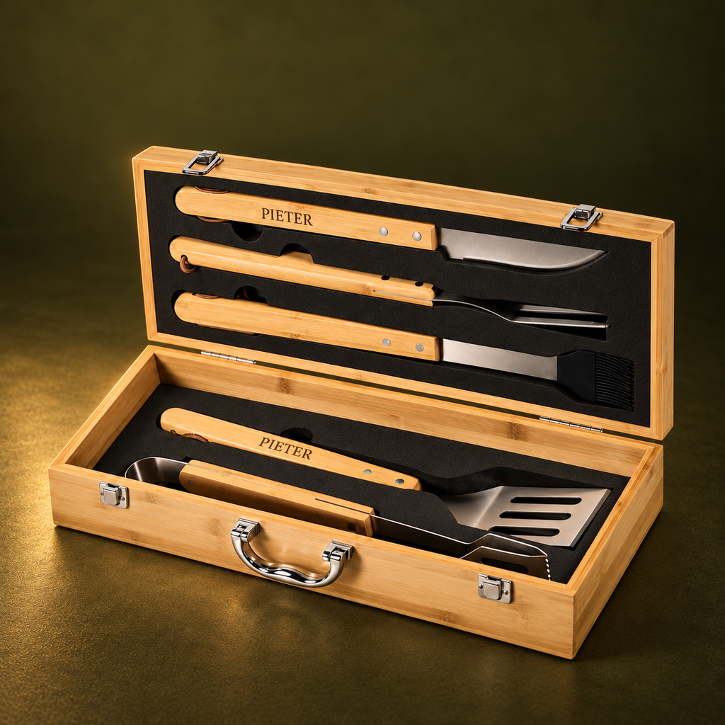 Open bamboo gift box showing five stainless steel braai tools