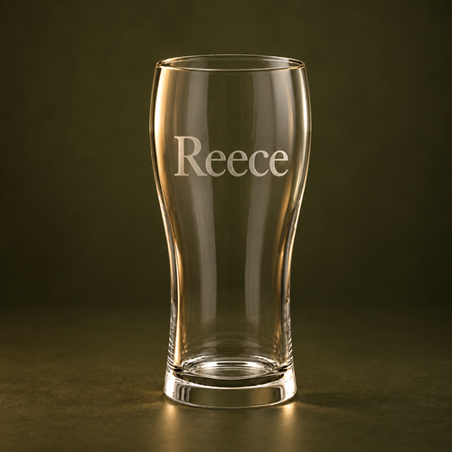 Personalised beer glass engraved with Reece on dark olive background