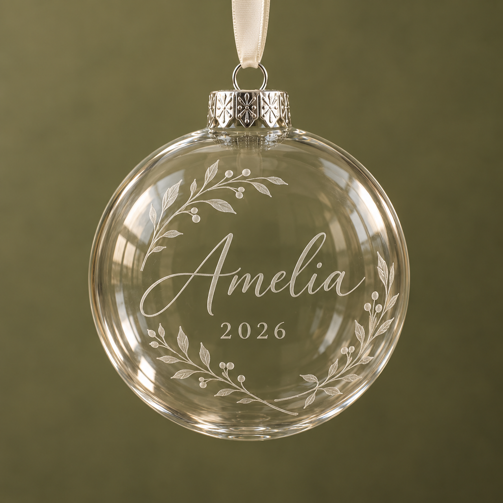 Clear glass Christmas bauble with example name engraving