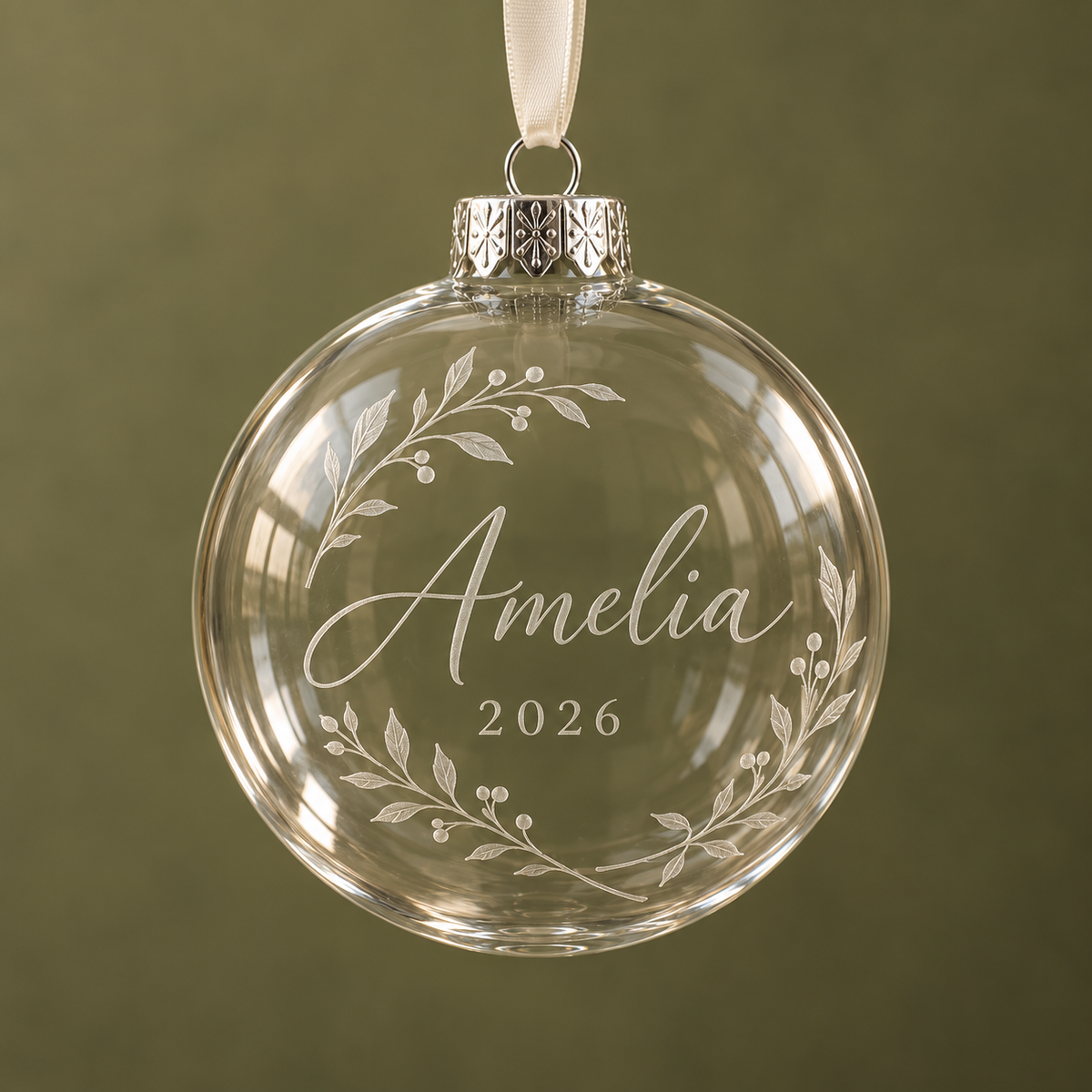 Clear glass Christmas bauble with example name engraving