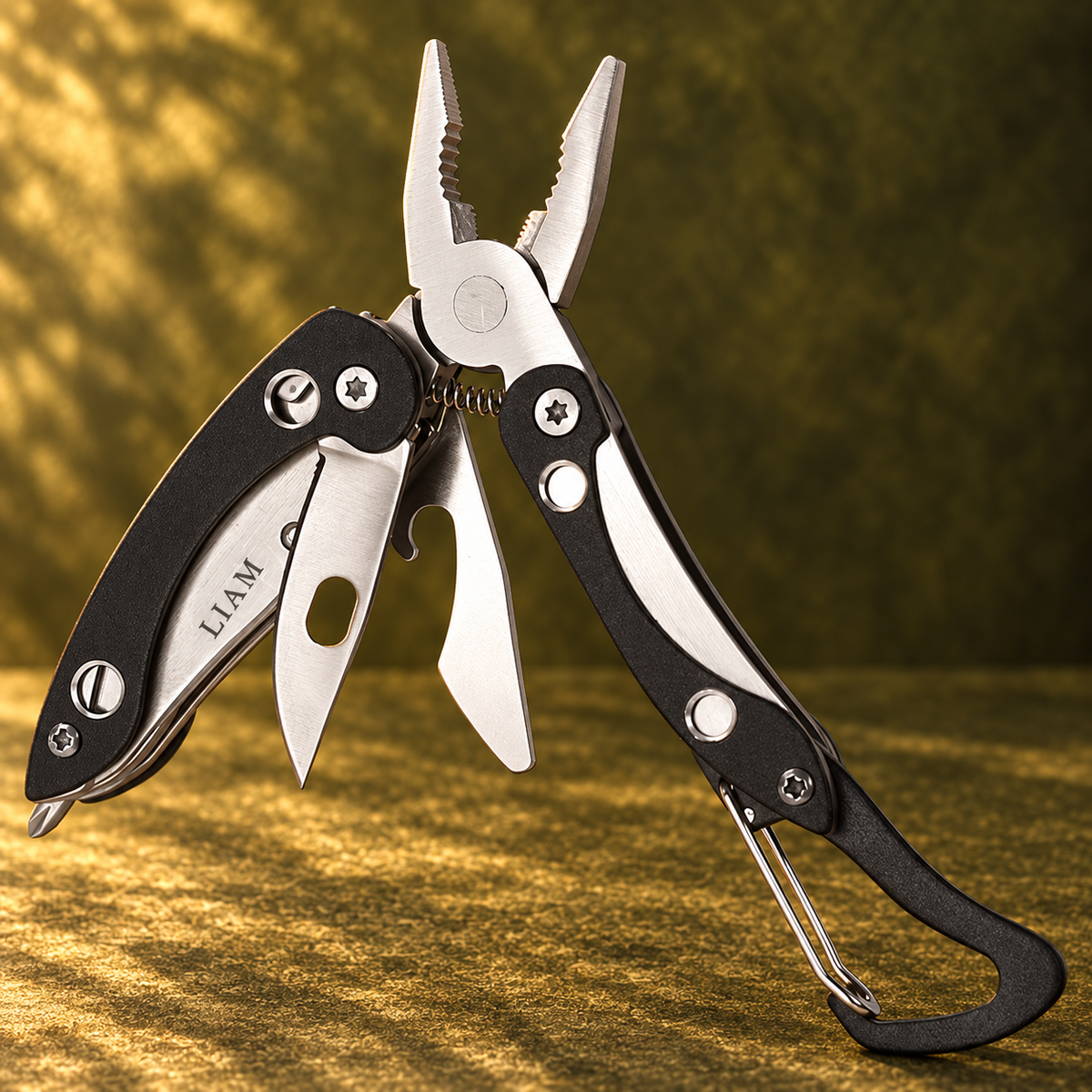Open functional pocket knife keychain on olive green background