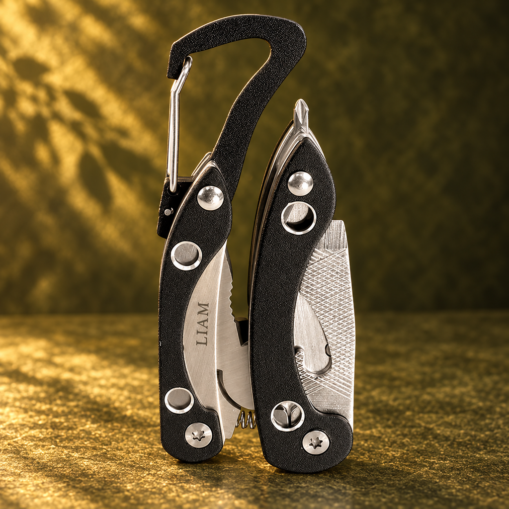 Pocket knife keychain with example blade engraving on olive green background