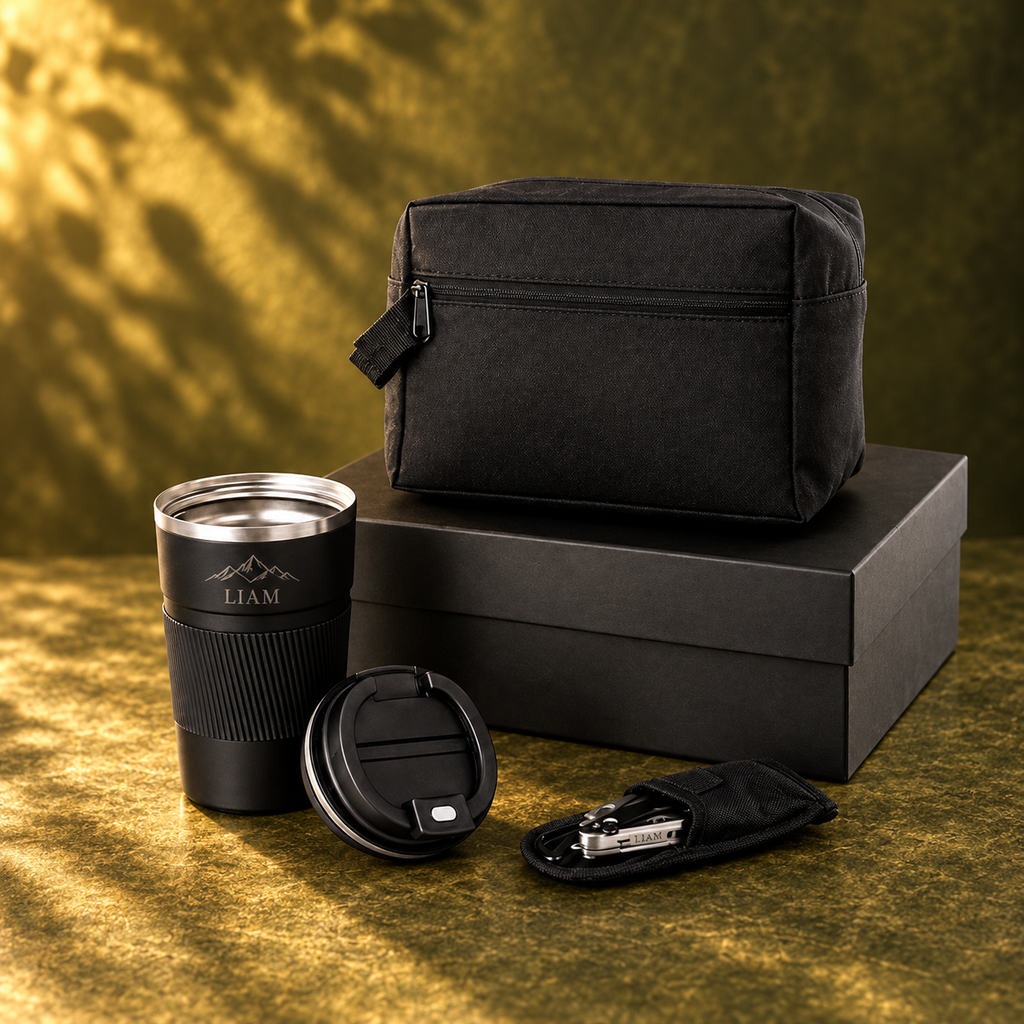 Travel gift set with personalised 380 ml mug, toiletry bag, pocket knife and protective holder on olive green background