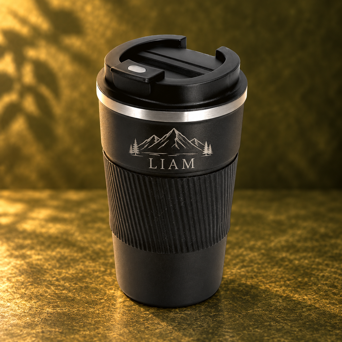 380 ml travel mug with example Liam engraving on olive green background
