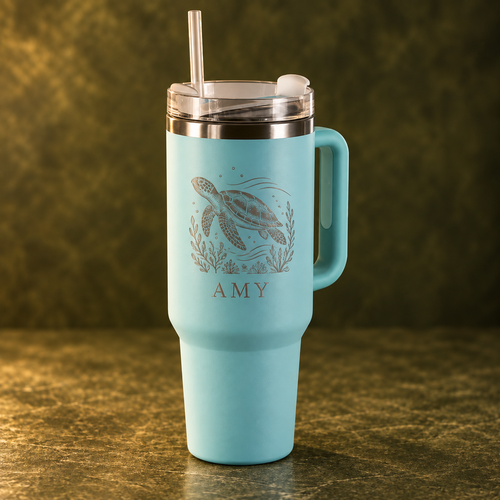 Aqua 1.2 L travel mug with example engraving on olive background