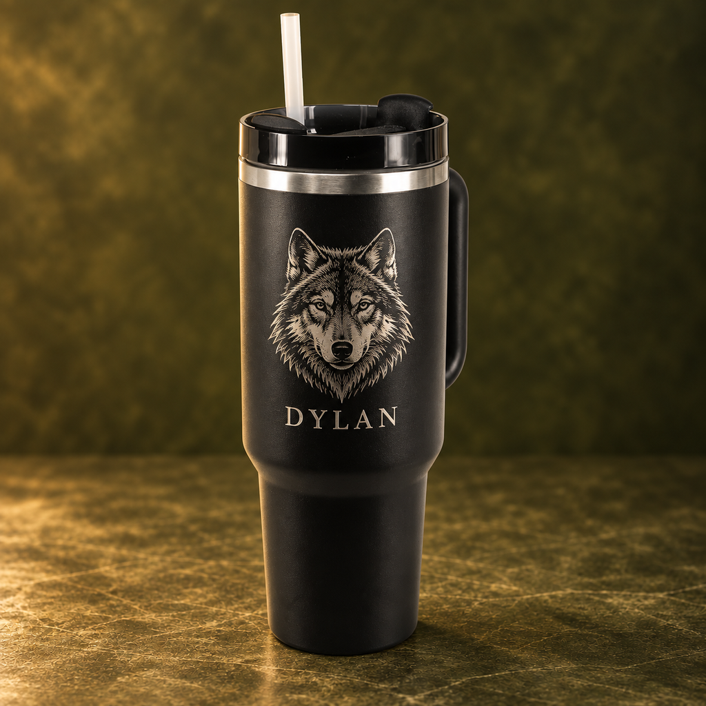 Black 1.2 L travel mug with example engraving on olive background