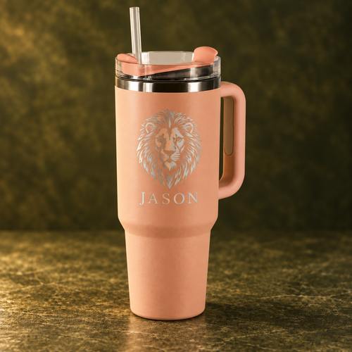 Coral 1.2 L travel mug with example engraving on olive background