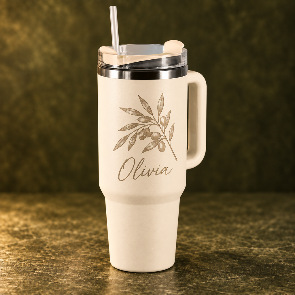 Cream 1.2 L travel mug with example engraving on olive background