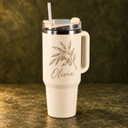 Cream 1.2 L travel mug with example engraving on olive background
