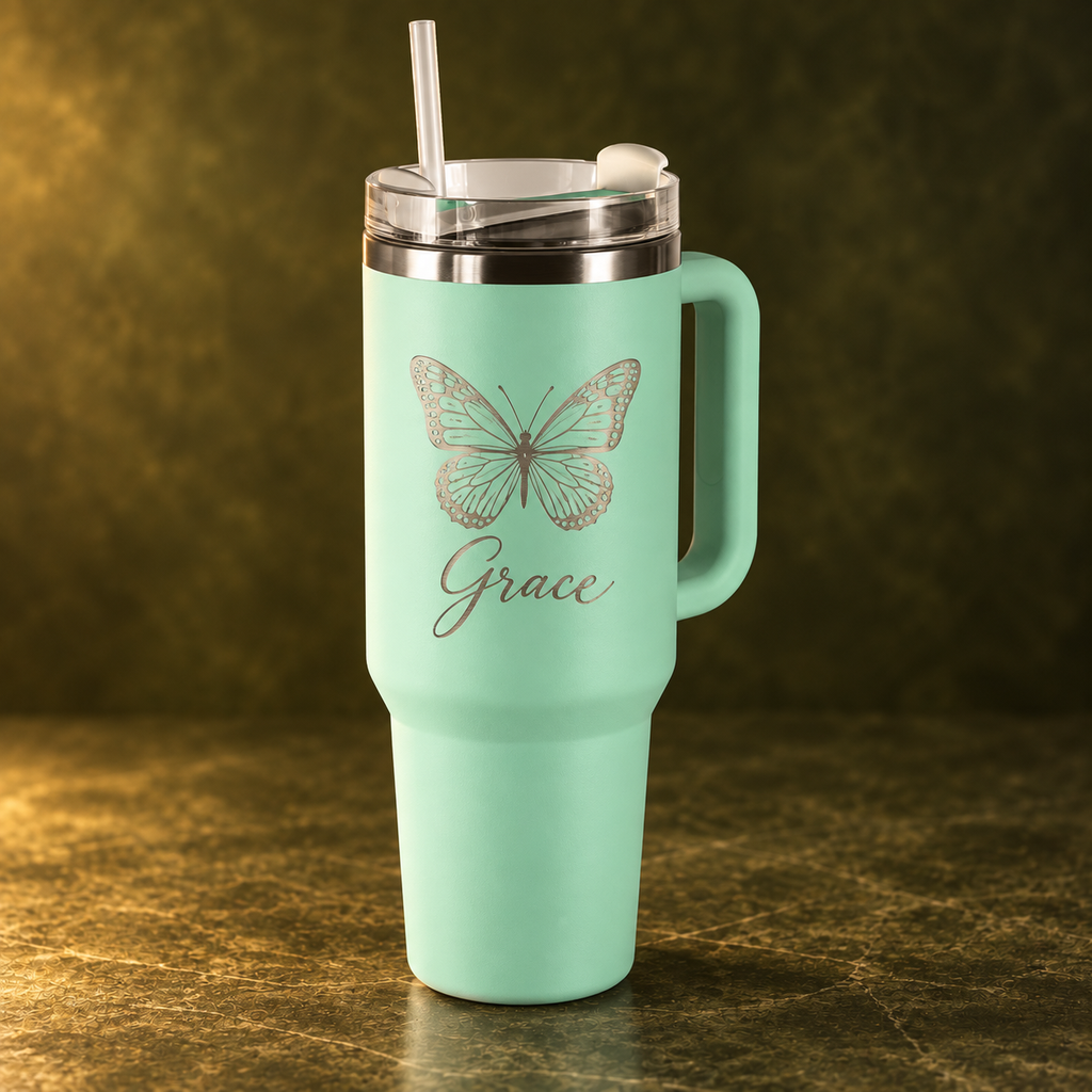 Mint 1.2 L travel mug with example engraving on olive background