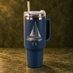 Navy Blue 1.2 L travel mug with example engraving on olive background