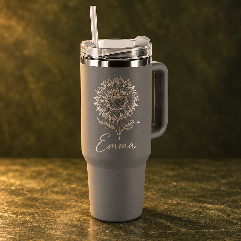 Silver 1.2 L travel mug with example engraving on olive background