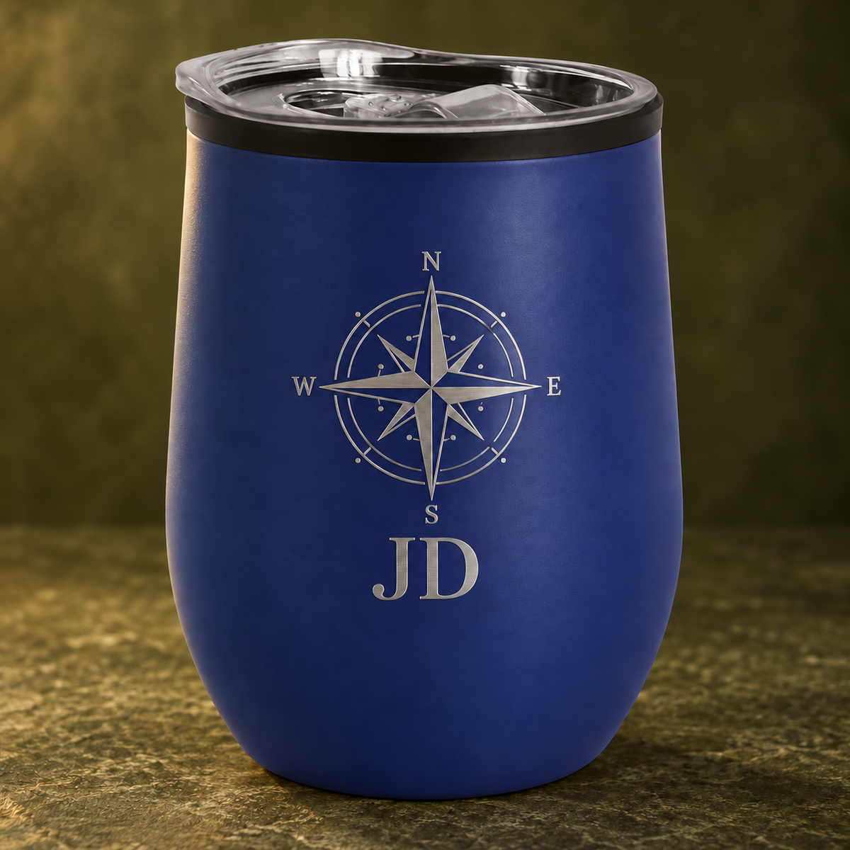 Navy Blue 350 ml travel mug with compass and JD example engraving